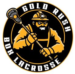 Logo for Colorado Springs Gold Rush Box Lacrosse featuring a gold miner holding a lacrosse stick, set within a black circle with yellow text 'GOLD RUSH' and 'BOX LACROSSE' around the perimeter.