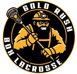 Logo for Colorado Springs Gold Rush Box Lacrosse featuring a gold miner holding a lacrosse stick, set within a black circle with yellow text 'GOLD RUSH' and 'BOX LACROSSE' around the perimeter.